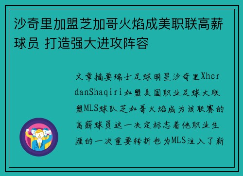 沙奇里加盟芝加哥火焰成美职联高薪球员 打造强大进攻阵容